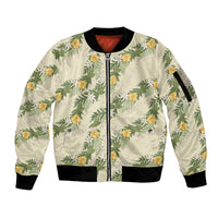 Hawaiian Pikake Maile Lei Sleeve Zip Bomber Jacket Tiare Hibiscus Kalo Palapalai Leaf Beige LT19 Unisex Beige - Polynesian Pride