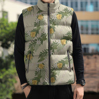 Hawaiian Pikake Maile Lei Sleeveless Puffer Jacket Tiare Hibiscus Kalo Palapalai Leaf Beige LT19 - Polynesian Pride