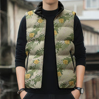 Hawaiian Pikake Maile Lei Sleeveless Puffer Jacket Tiare Hibiscus Kalo Palapalai Leaf Beige LT19 - Polynesian Pride