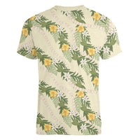 Hawaiian Pikake Maile Lei Women V-Neck T-Shirt Tiare Hibiscus Kalo Palapalai Leaf Beige