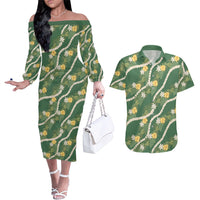 Hawaiian Pikake Maile Lei Couples Matching Off The Shoulder Long Sleeve Dress and Hawaiian Shirt Tiare Hibiscus Kalo Palapalai Leaf Green