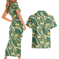 Hawaiian Pikake Maile Lei Couples Matching Short Sleeve Bodycon Dress and Hawaiian Shirt Tiare Hibiscus Kalo Palapalai Leaf Green