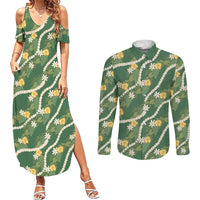 Hawaiian Pikake Maile Lei Couples Matching Summer Maxi Dress and Long Sleeve Button Shirt Tiare Hibiscus Kalo Palapalai Leaf Green