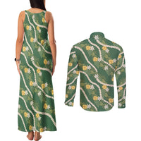 Hawaiian Pikake Maile Lei Couples Matching Tank Maxi Dress and Long Sleeve Button Shirt Tiare Hibiscus Kalo Palapalai Leaf Green
