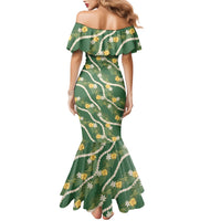 Hawaiian Pikake Maile Lei Family Matching Mermaid Dress and Hawaiian Shirt Tiare Hibiscus Kalo Palapalai Leaf Green