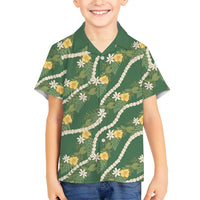 Hawaiian Pikake Maile Lei Family Matching Off Shoulder Maxi Dress and Hawaiian Shirt Tiare Hibiscus Kalo Palapalai Leaf Green