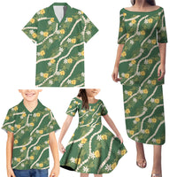 Hawaiian Pikake Maile Lei Family Matching Puletasi and Hawaiian Shirt Tiare Hibiscus Kalo Palapalai Leaf Green