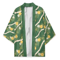 Hawaiian Pikake Maile Lei Kimono Tiare Hibiscus Kalo Palapalai Leaf Green LT19 Unisex Green - Polynesian Pride