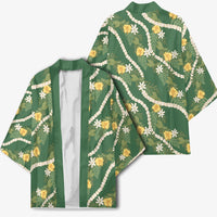 Hawaiian Pikake Maile Lei Kimono Tiare Hibiscus Kalo Palapalai Leaf Green LT19 - Polynesian Pride