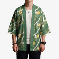 Hawaiian Pikake Maile Lei Kimono Tiare Hibiscus Kalo Palapalai Leaf Green LT19 - Polynesian Pride