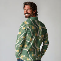 Hawaiian Pikake Maile Lei Long Sleeve Polo Shirt Tiare Hibiscus Kalo Palapalai Leaf Green