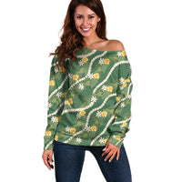 Hawaiian Pikake Maile Lei Off Shoulder Sweater Tiare Hibiscus Kalo Palapalai Leaf Green LT19 Women Green - Polynesian Pride