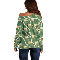Hawaiian Pikake Maile Lei Off Shoulder Sweater Tiare Hibiscus Kalo Palapalai Leaf Green LT19 - Polynesian Pride