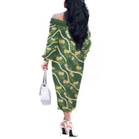 Hawaiian Pikake Maile Lei Off The Shoulder Long Sleeve Dress Tiare Hibiscus Kalo Palapalai Leaf Green