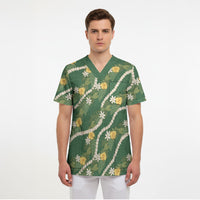 Hawaiian Pikake Maile Lei Scrub Top Tiare Hibiscus Kalo Palapalai Leaf Green LT19 - Polynesian Pride