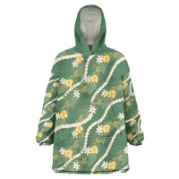 Hawaiian Pikake Maile Lei Wearable Blanket Hoodie Tiare Hibiscus Kalo Palapalai Leaf Green