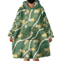 Hawaiian Pikake Maile Lei Wearable Blanket Hoodie Tiare Hibiscus Kalo Palapalai Leaf Green