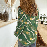 Hawaiian Pikake Maile Lei Women Casual Shirt Tiare Hibiscus Kalo Palapalai Leaf Green