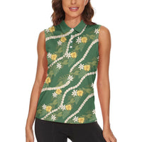 Hawaiian Pikake Maile Lei Women Sleeveless Polo Shirt Tiare Hibiscus Kalo Palapalai Leaf Green