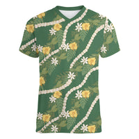 Hawaiian Pikake Maile Lei Women V-Neck T-Shirt Tiare Hibiscus Kalo Palapalai Leaf Green