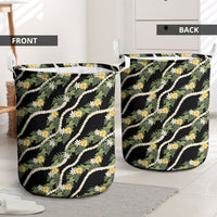 Hawaiian Pikake Maile Lei Laundry Basket Tiare Hibiscus Kalo Palapalai Leaf Black LT19 - Polynesian Pride