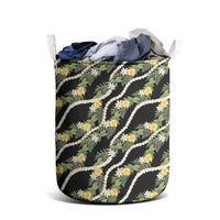 Hawaiian Pikake Maile Lei Laundry Basket Tiare Hibiscus Kalo Palapalai Leaf Black LT19 - Polynesian Pride