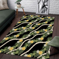 Hawaiian Pikake Maile Lei Area Rug Tiare Hibiscus Kalo Palapalai Leaf Black