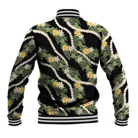 Hawaiian Pikake Maile Lei Baseball Jacket Tiare Hibiscus Kalo Palapalai Leaf Black LT19 - Polynesian Pride