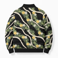Hawaiian Pikake Maile Lei Bomber Puffer Jacket Tiare Hibiscus Kalo Palapalai Leaf Black LT19 - Polynesian Pride