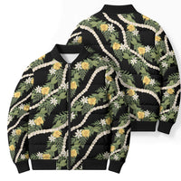 Hawaiian Pikake Maile Lei Bomber Puffer Jacket Tiare Hibiscus Kalo Palapalai Leaf Black LT19 - Polynesian Pride