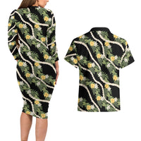 Hawaiian Pikake Maile Lei Couples Matching Long Sleeve Bodycon Dress and Hawaiian Shirt Tiare Hibiscus Kalo Palapalai Leaf Black