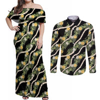 Hawaiian Pikake Maile Lei Couples Matching Off Shoulder Maxi Dress and Long Sleeve Button Shirt Tiare Hibiscus Kalo Palapalai Leaf Black