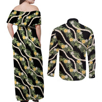 Hawaiian Pikake Maile Lei Couples Matching Off Shoulder Maxi Dress and Long Sleeve Button Shirt Tiare Hibiscus Kalo Palapalai Leaf Black