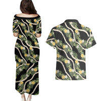 Hawaiian Pikake Maile Lei Couples Matching Puletasi and Hawaiian Shirt Tiare Hibiscus Kalo Palapalai Leaf Black