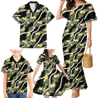 Hawaiian Pikake Maile Lei Family Matching Mermaid Dress and Hawaiian Shirt Tiare Hibiscus Kalo Palapalai Leaf Black
