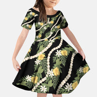 Hawaiian Pikake Maile Lei Family Matching Off The Shoulder Long Sleeve Dress and Hawaiian Shirt Tiare Hibiscus Kalo Palapalai Leaf Black