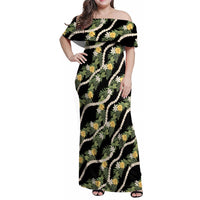 Hawaiian Pikake Maile Lei Family Matching Off Shoulder Maxi Dress and Hawaiian Shirt Tiare Hibiscus Kalo Palapalai Leaf Black