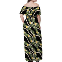 Hawaiian Pikake Maile Lei Family Matching Off Shoulder Maxi Dress and Hawaiian Shirt Tiare Hibiscus Kalo Palapalai Leaf Black