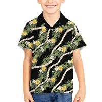 Hawaiian Pikake Maile Lei Family Matching Summer Maxi Dress and Hawaiian Shirt Tiare Hibiscus Kalo Palapalai Leaf Black