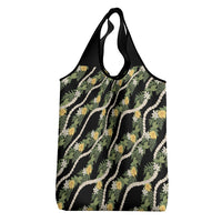 Hawaiian Pikake Maile Lei Grocery Bag Tiare Hibiscus Kalo Palapalai Leaf Black