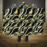 Hawaiian Pikake Maile Lei Hooded Blanket Tiare Hibiscus Kalo Palapalai Leaf Black LT19 - Polynesian Pride