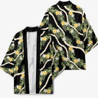Hawaiian Pikake Maile Lei Kimono Tiare Hibiscus Kalo Palapalai Leaf Black LT19 - Polynesian Pride