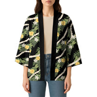 Hawaiian Pikake Maile Lei Kimono Tiare Hibiscus Kalo Palapalai Leaf Black LT19 - Polynesian Pride