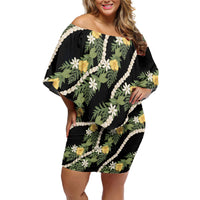 Hawaiian Pikake Maile Lei Off Shoulder Short Dress Tiare Hibiscus Kalo Palapalai Leaf Black LT19 Women Black - Polynesian Pride