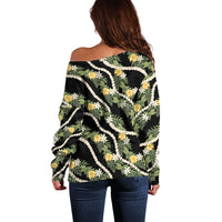Hawaiian Pikake Maile Lei Off Shoulder Sweater Tiare Hibiscus Kalo Palapalai Leaf Black LT19 - Polynesian Pride