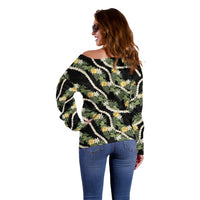 Hawaiian Pikake Maile Lei Off Shoulder Sweater Tiare Hibiscus Kalo Palapalai Leaf Black LT19 - Polynesian Pride