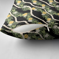 Hawaiian Pikake Maile Lei Pillow Cover Tiare Hibiscus Kalo Palapalai Leaf Black LT19 - Polynesian Pride