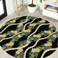 Hawaiian Pikake Maile Lei Round Carpet Tiare Hibiscus Kalo Palapalai Leaf Black LT19 Black - Polynesian Pride