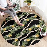 Hawaiian Pikake Maile Lei Round Carpet Tiare Hibiscus Kalo Palapalai Leaf Black LT19 - Polynesian Pride