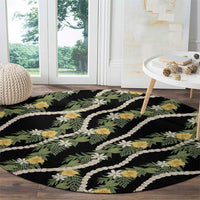 Hawaiian Pikake Maile Lei Round Carpet Tiare Hibiscus Kalo Palapalai Leaf Black LT19 - Polynesian Pride